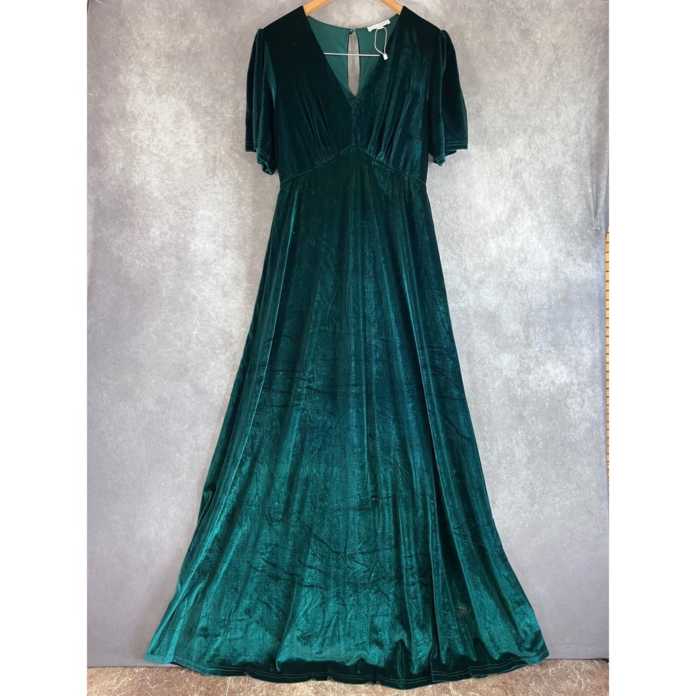 Baltic Born Velvet Maxi Dress Women L‎ Green V-Neck Flutter Sleeve Formal Gown